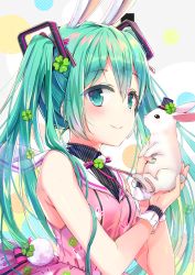 1girl abstract_background animal animal_ears aqua_eyes aqua_hair bare_shoulders black_hat blush closed_mouth clover_hair_ornament colored_eyelashes dress four-leaf_clover_hair_ornament green_nails hair_ornament hat hatsune_miku highres holding holding_animal jin_young-in long_hair looking_at_viewer mini_hat mini_top_hat nail_polish neck_ribbon pink_dress pink_ribbon pom_pom_(clothes) rabbit rabbit_ears rabbit_tail ribbon sleeveless sleeveless_dress smile solo striped_clothes striped_headwear top_hat twintails two-handed upper_body vertical-striped_clothes vertical-striped_headwear vertical-stripes very_long_hair vocaloid wrist_cuffs rating:Sensitive score:5 user:danbooru
