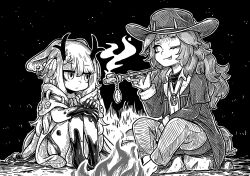  2girls animal_ear_piercing animal_ears antlers barefoot buttons campfire cloak coat cowboy_hat cowboy_western duster_coat ear_piercing fate/grand_order fate_(series) feather_hair_ornament feathers fire greyscale hair_ornament hat highres holding holding_smoking_pipe horns jewelry learning_with_manga!_fgo long_hair looking_at_another monochrome multiple_girls necklace one_eye_closed original pants piercing revealing_clothes riyo_(lyomsnpmp) riyo_servant_(bronco)_(fate) rock shirt sitting sitting_on_rock smoking_pipe tail tooth_necklace wolf_ears wolf_tail 