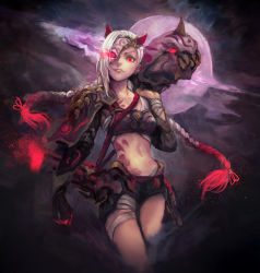  1girl alternate_costume armor bandaged_arm bandaged_leg bandages braid clenched_hand ear_piercing earrings gauntlets glowing glowing_eye gun holding holding_gun holding_weapon horns jewelry jinx_(league_of_legends) league_of_legends long_hair mask moon multicolored_hair navel parted_lips pauldrons photoshop_(medium) piercing red_eyes red_hair shoulder_armor smile solo stomach_tattoo tattoo traplus twintails weapon white_hair 