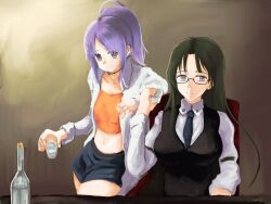  2girls alcohol artist_name asougi_rin breasts glasses green_hair grey_eyes highres large_breasts long_hair looking_at_viewer mature_female midriff mimi_(mnemosyne) mnemosyne multiple_girls navel necktie office_lady open_clothes open_shirt ponytail purple_eyes purple_hair sitting skirt small_breasts smile vodka 