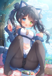  1girl :d animal_ears bento black_hair black_pantyhose blue_eyes blue_skirt blush bowl breasts chopsticks clothing_cutout day double_bun food green_eyes hair_bun hair_ornament hairclip heart_cutout heterochromia highres holding holding_chopsticks knees_up long_hair looking_at_viewer medium_breasts momozu_komamochi navel navel_cutout no_shoes open_mouth original outdoors panties panties_under_pantyhose pantyhose picnic sitting skirt smile solo striped_clothes striped_panties thighband_pantyhose tree twintails underwear 