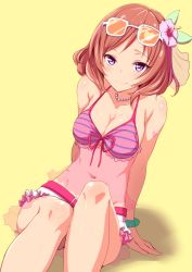 10s 1girl arm_support belt bikini blush breasts clearite cleavage eyewear_on_head flower front-tie_top hair_flower hair_ornament heart highres jewelry looking_at_viewer love_live! love_live!_school_idol_project medium_breasts natsuiro_egao_de_1_2_jump! navel necklace nishikino_maki pink_bikini purple_eyes red_hair see-through shiny_skin short_hair simple_background sitting skirt smile solo striped sunglasses swimsuit yellow_background rating:Questionable score:55 user:danbooru