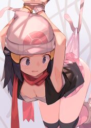  1girl armpits beanie black_hair blue_eyes blush breasts cleavage creatures_(company) dawn_(pokemon) game_freak hat highres medium_breasts nintendo panties pink_panties pink_skirt pokemon pokemon_dppt red_scarf scarf short_hair skirt solo spring2013 suspension tears tentacles thighs underwear wedgie white_hat  rating:Questionable score:262 user:danbooru
