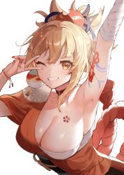  1girl arm_tattoo arm_up armpits bandaged_arm bandages blonde_hair bracelet breasts chest_tattoo cleavage commentary genshin_impact grin hair_ornament hand_up highres ichibi japanese_clothes jewelry kimono large_breasts looking_at_viewer nail_polish red_kimono red_nails rope sarashi shimenawa short_sleeves simple_background single_sleeve smile solo tattoo upper_body v v_over_eye white_background yellow_eyes yoimiya_(genshin_impact)  rating:Sensitive score:79 user:danbooru