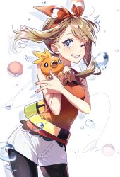  1girl bike_shorts blonde_hair bow_hairband breasts commentary cowboy_shot creatures_(company) eyelashes fanny_pack game_freak gen_3_pokemon grin hairband highres holding holding_pokemon looking_at_viewer may_(pokemon) nintendo one_eye_closed pokemon pokemon_(creature) pokemon_oras shi_mohaji shirt shorts sleeveless sleeveless_shirt smile symbol-only_commentary teeth torchic w water_drop white_background white_shorts 