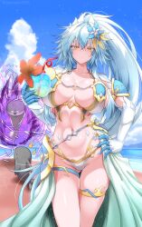  1girl absurdres armor bare_shoulders beach bikini blue_hair blue_sky blush breasts cape claws cleavage closed_mouth cloud collarbone commentary_request cup day dragon_girl dragon_horns dragon_tail drinking_glass drinking_straw faulds flower g_(genesis1556) grey_hair groin hair_between_eyes hair_flower hair_ornament hand_on_own_hip high_ponytail highleg highleg_bikini highres holding holding_cup horns large_breasts long_hair looking_at_viewer lutian_(g_(genesis1556)) monster_girl multicolored_hair navel ocean original outdoors sacabambaspis scales shadow shark shoulder_pads sidelocks skindentation sky solo_focus standing stomach streaked_hair swimsuit tail thigh_strap very_long_hair waist_cape white_bikini white_cape yellow_eyes 
