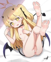  1girl absurdres anus barefoot bed_sheet black_choker black_horns black_tail black_wings blonde_hair blue_archive blush boppin choker cleft_of_venus demon_horns demon_tail demon_wings flat_chest full_body halo highres horns ibuki_(blue_archive) loli long_hair looking_at_viewer nipples open_mouth pussy side_ponytail signature soles solo tail toes uncensored wings yellow_eyes yellow_halo  rating:Explicit score:63 user:danbooru
