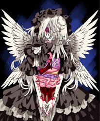  1girl bad_id bad_twitter_id black_dress black_hairband bleeding blood bloody_tears blue_eyes colored_sclera cowboy_shot cuts dress expressionless feathered_wings frilled_dress frills gothic_lolita guro hair_over_one_eye hairband heart_(organ) highres injury intestines lolita_fashion lolita_hairband long_hair looking_at_viewer lungs meremero multiple_wings organs original pale_skin red_pupils red_sclera self-harm self-harm_scar solo standing v_arms white_hair white_wings wings 