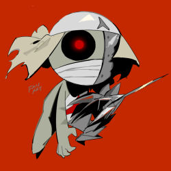 1boy apios bandaged_head bandages black_sclera colored_sclera colored_skin covered_mouth cyborg english_text glowing glowing_eyes green_skin grey_helmet grey_skin keroro_gunsou leaning_forward male_focus mechanical_arms mechanical_legs multicolored_skin red_background red_eyes simple_background single_mechanical_arm single_mechanical_leg solo standing two-tone_skin wide-eyed zoruru