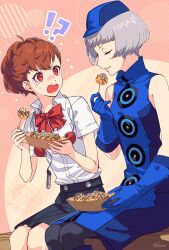  !? 2girls absurdres black_skirt blue_dress blue_gloves blue_hat blunt_bangs bow brown_hair closed_eyes collared_shirt commentary_request digital_media_player dress elizabeth_(persona) feet_out_of_frame food from_side gloves grey_hair hair_between_eyes hand_up hat high-waist_skirt highres holding holding_food lips looking_at_another multiple_girls open_mouth parted_lips persona persona_3 persona_3_portable pink_background profile red_bow red_eyes shaded_face shiomi_kotone shirt short_hair signature simple_background sitting skirt sleeveless sleeveless_dress smile surprised takoyaki v-shaped_eyebrows wavy_mouth white_shirt yokaroni 