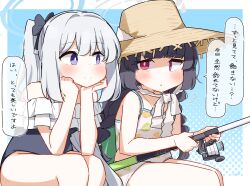  2girls :o bags_under_eyes bare_arms bare_shoulders bikini black_bow black_hair black_one-piece_swimsuit blue_archive blue_background blush bow braid brown_hat closed_mouth dash_b feet_out_of_frame fishing_line fishing_rod flying_sweatdrops frilled_one-piece_swimsuit frills grey_hair hair_bow halftone halftone_background halo hat highres holding holding_fishing_rod leaf_print low_twintails miyako_(blue_archive) miyako_(swimsuit)_(blue_archive) miyu_(blue_archive) miyu_(swimsuit)_(blue_archive) multiple_girls off-shoulder_one-piece_swimsuit off_shoulder one-piece_swimsuit parted_lips ponytail print_bikini purple_eyes red_eyes sitting smile straw_hat swimsuit twin_braids twintails two-tone_background white_background white_bikini 