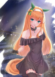  1girl absurdres animal_ears aqua_eyes bare_shoulders black_dress black_gloves black_thighhighs blush breasts chickenbstrip commentary_request detached_collar dress ear_covers frilled_dress frills gloves hair_ornament hairband hairclip highres horse_ears horse_girl horse_tail lens_flare long_hair orange_hair silence_suzuka_(umamusume) small_breasts smile solo sparkle spiral_staircase stairs strapless strapless_dress tail thighhighs umamusume white_hairband 