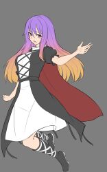 1girl black_dress black_footwear boots breasts brown_hair cape commentary cross-laced_clothes dress full_body gradient_hair grey_background highres hijiri_byakuren kakone layered_clothes long_hair looking_at_viewer medium_breasts multicolored_hair one-hour_drawing_challenge open_mouth purple_eyes purple_hair short_sleeves sidelocks simple_background solo touhou white_dress