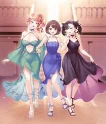  3girls :d absurdres alternate_costume bare_shoulders black_choker black_hair breasts brown_eyes brown_hair choker cleavage clothing_cutout commission creatures_(company) dress e_(eokiba) evening_gown full_body game_freak gloria_(pokemon) green_eyes high_heels highres large_breasts locked_arms marnie_(pokemon) medium_breasts medium_hair multiple_girls navel_cutout nintendo open_mouth orange_hair pokemon pokemon_swsh short_hair side_ponytail skeb_commission skirt_hold smile sonia_(pokemon) twintails 