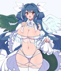  1girl angel_wings asymmetrical_wings bare_shoulders blue_hair blush bow bowtie breasts center_opening chemaru_(a8l) cleavage clothes_lift collar covered_erect_nipples curvy detached_collar detached_sleeves dizzy_(guilty_gear) dress frilled_collar frilled_dress frilled_skirt frills garter_belt gluteal_fold guilty_gear hair_between_eyes hair_ornament hair_ribbon hair_rings hand_on_own_chest highres juliet_sleeves large_breasts long_hair long_sleeves looking_at_viewer mature_female monster_girl navel open_mouth panties puffy_sleeves red_eyes ribbon see-through simple_background skindentation skirt skirt_lift solo tail thick_thighs thigh_gap thighhighs thighs twintails underwear white_background white_bow white_bowtie white_panties white_ribbon white_thighhighs wide_hips wings  rating:Sensitive score:16 user:danbooru