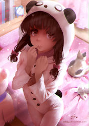  animal_ears azusagawa_kaede bodysuit breasts brown_eyes brown_hair hand_to_own_mouth loli looking_at_viewer model onesie sebijy seishun_buta_yarou small_breasts solo tagme  rating:Questionable score:65 user:bitch_works