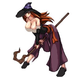 1girl bare_shoulders breasts brown_eyes brown_hair cleavage dragon&#039;s_crown dress full_body hat hat_over_one_eye large_breasts long_hair lowres one_eye_covered pixel_art solo sorceress_(dragon&#039;s_crown) staff strapless strapless_dress transparent_background vanillaware witch_hat rating:Sensitive score:11 user:danbooru