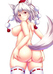  1girl animal_ears ass ass_grab back blush breasts cleft_of_venus cowboy_shot ebi_193 female_focus from_behind grabbing_own_ass hands_on_ass hat hat_ribbon huge_ass inubashiri_momiji large_breasts looking_at_viewer looking_back nipples nude parted_lips pom_pom_(clothes) pussy red_eyes ribbon ribbon-trimmed_thighhighs ribbon_trim silver_hair simple_background solo spread_ass tail thighhighs tokin_hat touhou twisted_neck uncensored white_background white_thighhighs wolf_ears wolf_tail  rating:Explicit score:172 user:danbooru