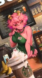  1girl absurdres acid apron apron_lift ashido_mina banana black_sclera blush boku_no_hero_academia breasts cafe clothes_lift colored_sclera colored_skin food fruit highres horns iced_latte_with_breast_milk_(meme) khyle. large_breasts meme milk monster_girl naked_apron pink_hair pink_skin smile solo starbucks tagme yellow_eyes  rating:Questionable score:374 user:byt0