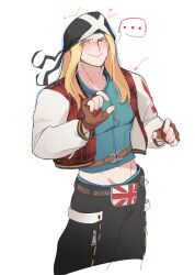  ... 1boy axl_low belt black_pants blonde_hair brown_belt brown_gloves cropped-legs cropped_jacket fingerless_gloves gloves guilty_gear guilty_gear_strive highres jacket long_hair looking_to_the_side midriff nervous_smile nounreverse pants pectorals plaid plaid_jacket simple_background smile solo spoken_ellipsis white_background zipper_pull_tab 