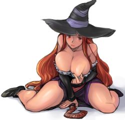 1girl breasts cleavage dragon&#039;s_crown hat huge_breasts legs light_smile presenting red_eyes red_hair simple_background sitting sketch solo sorceress_(dragon&#039;s_crown) spread_legs staff thick_thighs thighs tsuda_nanafushi wariza witch_hat rating:Sensitive score:145 user:danbooru