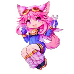  1girl animal_ears blush_stickers chibi chocolat_gelato crunchobar cyber_connect_2 dog_ears dog_girl dog_tail elbow_gloves female_focus furry furry_female gloves goggles goggles_on_head highres holding holding_wrench little_tail_bronx long_hair looking_at_viewer loose_socks open_mouth pink_hair purple_eyes short_jumpsuit simple_background socks solatorobo solo tail white_background wrench 