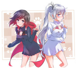  2girls animal_band blue_eyes blush cape cleavage_cutout clothing_cutout commentary_request dress grey_eyes highres iesupa long_hair meme_attire multiple_girls open-chest_sweater paw_pose paw_print ruby_rose rwby short_hair sweater sweater_dress very_long_hair weiss_schnee white_hair 