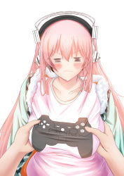  1girl =_= bad_id bad_pixiv_id blush breasts closed_eyes controller dualshock frown game_controller gamepad grabbing grabbing_another&#039;s_breast headphones highres hoshi_yoshimi large_breasts long_hair looking_at_viewer nitroplus pink_hair playstation_controller simple_background solo_focus super_sonico wavy_mouth 