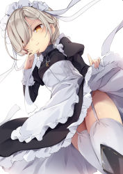 1girl apron azur_lane black_dress chain clothes_lift collar commentary_request dress dress_lift frilled_apron frills from_below garter_belt garter_straps hair_over_one_eye highres kedama_milk lifted_by_self long_sleeves looking_at_viewer looking_down maid maid_apron maid_headdress no_panties platinum_blonde_hair ribbon sheffield_(azur_lane) short_hair simple_background smile solo thighhighs white_apron white_background white_ribbon white_thighhighs yellow_eyes rating:Sensitive score:35 user:danbooru