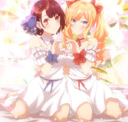  2girls absurdres artifacts blonde_hair blue_eyes blue_ribbon blush braid breasts brown_eyes brown_hair claire_francois collarbone dress drill_hair earrings feet floral_background french_braid hair_ribbon hand_on_another&#039;s_waist heart heart_hands highres jewelry medium_breasts multiple_girls rae_taylor red_ribbon ribbon screencap scrunchie smile stitched strapless strapless_dress thighs third-party_edit twin_drills twintails watashi_no_oshi_wa_akuyaku_reijou yuri 