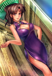 1girl bare_shoulders breasts brown_eyes brown_hair china_dress chinese_clothes cleavage cleavage_cutout clothing_cutout curvy dress hand_on_own_hip hip_focus large_breasts long_hair open_mouth original ponytail side_slit solo suoni_(deeperocean) rating:Sensitive score:26 user:danbooru