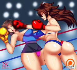  2girls android_21 ass boxing boxing_gloves boxing_ring breasts cleavage crossover curvy dkstudios05 dragon_ball huge_ass jill_valentine large_breasts multiple_girls open_mouth panties patreon punching resident_evil thick_thighs thighs thong underwear  rating:Questionable score:12 user:dknc811