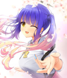  1girl ;d absurdres blonde_hair bloom blue_hair blue_nails blurry blush bow breasts bright_pupils cherry_blossoms collared_shirt commentary_request depth_of_field eyelashes floating_hair flower gradient_hair gyaru hair_flower hair_ornament happy highres kogal kohibari_kurumi large_breasts long_hair looking_at_viewer multicolored_hair one_eye_closed open_mouth outdoors pink_flower pink_hair purple_hair reaching reaching_towards_viewer reiji_tsukimi school_uniform shirt simple_background smile solo suspenders tenshi_souzou_re-boot! twintails upper_body v-shaped_eyebrows white_background white_shirt wind yellow_bow yellow_eyes yellow_nails 