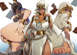  3girls animahakim ass barefoot bent_over black_footwear black_mask blue_eyes bracelet breasts dark-skinned_female dark_skin dress duel_monster egypt egyptian egyptian_clothes gold_bracelet gravekeeper&#039;s_spiritualist headgear ishizu_ishtar isis_(yu-gi-oh!) jewelry large_breasts looking_at_viewer mask mask_on_head millennium_necklace multiple_girls open_mouth red_eyes side_slit tan thick_thighs thighs trading_card white_background white_dress yu-gi-oh! yu-gi-oh!_duel_monsters  rating:Sensitive score:67 user:danbooru