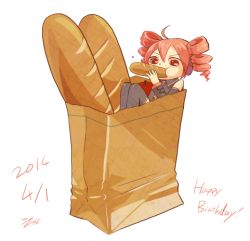  bag bread drill_hair eating food lowres red_hair thighhighs  rating:Sensitive score:1 user:shrufefni