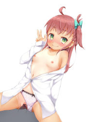  1girl bar_censor blush bow bow_panties breasts censored clitoris girl_on_top green_eyes kouta_(hamuta0404) loli long_hair looking_at_viewer navel nipples original panties penis pink_hair pointless_censoring polka_dot polka_dot_panties pussy sex shiny_skin small_breasts smile solo_focus tears underwear v white_background 
