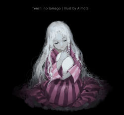  1girl absurdres aimota angel_wings black_background braid closed_mouth copyright_name dress egg full_body girl_(tenshi_no_tamago) half-closed_eyes highres hugging_object long_hair messy_hair pale_skin parted_bangs side_braid simple_background single_braid sitting solo striped_clothes striped_dress tenshi_no_tamago_(anime) vertical-striped_clothes vertical-striped_dress very_long_hair white_hair wings 