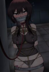  1girl absurdres arms_behind_back bare_shoulders bdsm between_breasts between_legs between_thighs black_panties black_shirt black_tank_top blush bondage bonnouji_momoha bound bound_arms bound_breasts bound_legs bound_thighs bound_torso breast_bondage breasts brown_eyes brown_hair cleavage cloth_gag collar collarbone crotch_rope curvy dark dark_background duct_tape embarrassed exhibitionism female_focus fence gag gagged hair_between_eyes heart_(symbol) highres improvised_gag kimi_no_koto_ga_dai_dai_dai_dai_daisuki_na_100-nin_no_kanojo kinbaku large_breasts leash legs legs_together long_hair looking_at_viewer night nipple_clamps nipples outdoors over_the_mouth_gag panties perky_breasts public_bondage public_indecency public_nudity public_vibrator rooftop sara_mi_katsuo school_roof sex_toy shibari shibari_over_clothes shirt sidelocks skindentation sleeveless sleeveless_shirt solo solo_focus stone_floor sweat sweatdrop tank_top tape tape_bondage tape_gag tearing_up tears thick_thighs thighs thong tile_floor tiles underwear vibrator vibrator_bulge vibrator_cord vibrator_on_nipple vibrator_under_clothes vibrator_under_panties 