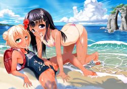  2girls all_fours ass backpack bag barefoot beach bikini black_hair blush breasts clothes_pull cloud cum cum_in_mouth cum_on_body cum_on_clothes cum_on_tongue day double_bun facial feet flower furyouhin_(bubumelon) green_eyes hair_bun highres loli long_hair looking_at_viewer multiple_girls one-piece_swimsuit one-piece_swimsuit_pull one-piece_tan open_mouth original outdoors partially_visible_vulva pussy_juice randoseru rock sand school_swimsuit shiny_skin short_hair side-tie_bikini_bottom sky small_breasts swimsuit tan tanline water  rating:Explicit score:103 user:Domestic_Importer
