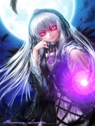 1girl black_feathers character_name cloud doll_joints dress dutch_angle english_text feathers flower full_moon glowing hairband highres joints lolita_fashion lolita_hairband long_hair long_sleeves meimei misaki_(kyal_001) moon night outdoors outstretched_arm parted_lips pink_eyes purple_flower purple_rose ribbon rose rozen_maiden silver_hair star_(sky) suigintou very_long_hair  rating:Sensitive score:16 user:danbooru