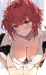  1girl arknights blush breasts cleavage closed_mouth collarbone collared_shirt commentary_request downblouse dress_shirt fiammetta_(arknights) hair_between_eyes highres kyuu_(plastic_night_q) looking_at_viewer medium_breasts panties panty_pull pulled_by_self red_eyes red_hair shirt solo sweat underwear v-shaped_eyebrows wavy_mouth white_panties white_shirt 