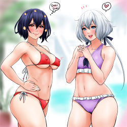  2girls bikini black_hair blue_eyes blurry blurry_background breasts collarbone covered_erect_nipples cowboy_shot flat_chest flower frilled_bikini frills groin hair_flower hair_ornament hand_on_own_hip heart highres konno_junko large_breasts lips looking_at_viewer low_twintails medium_breasts mizuno_ai multiple_girls navel purple_bikini red_bikini red_eyes short_hair side-tie_bikini_bottom simple_background spoken_heart superslyme swimsuit translation_request twintails white_background white_hair zombie_land_saga 