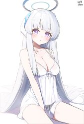  1girl blue_archive breasts cleavage closed_mouth collarbone commentary dated dress halo headgear highres long_hair looking_at_viewer mechanical_halo medium_breasts myeolchi noa_(blue_archive) purple_eyes simple_background thighs white_background white_dress white_hair 