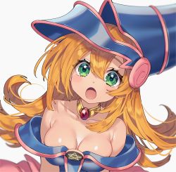  1girl bare_shoulders blonde_hair blue_hat breasts cleavage collarbone commentary_request dark_magician_girl green_eyes grey_background hair_between_eyes hat highres long_hair looking_at_viewer medium_breasts open_mouth sakura_yuki_(clochette) simple_background solo upper_body white_background wizard_hat yu-gi-oh! yu-gi-oh!_duel_monsters  rating:Sensitive score:38 user:danbooru