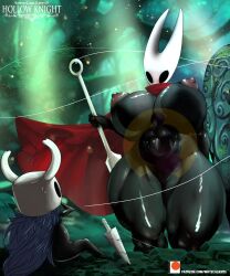  1boy 1girl black_skin breasts colored_skin curvy hollow_knight hornet_(hollow_knight) huge_breasts javomateador_(artist) knight_(hollow_knight) nail_(hollow_knight) thick_thighs thighs  rating:Questionable score:12 user:toadboss