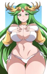  1girl absurdres abysswatchers bikini blue_background border bracer breasts cleavage collarbone cowboy_shot curvy elbow_gloves eyebrows eyelashes female_focus fingerless_gloves fingernails from_below gloves green_eyes green_hair grin hands_on_own_chest hands_up highres kid_icarus large_breasts long_fingernails long_hair looking_at_viewer looking_down matching_hair/eyes navel nintendo palutena parted_lips side-tie_bikini_bottom simple_background smile solo standing swimsuit teeth thigh_gap white_bikini white_border white_gloves  rating:Questionable score:16 user:Only_Kemonomimi