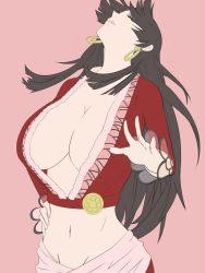  1girl amazon_lily amazon_warrior black_hair boa_hancock breasts cleavage earrings female_focus groin huge_breasts jewelry large_breasts long_hair midriff navel no_bra no_panties one_piece open_clothes sash skirt solo  rating:Sensitive score:39 user:danbooru