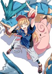  1girl ;d arm_up bad_id bad_twitter_id black_footwear black_shirt blonde_hair blue_jacket blunt_bangs bullfalk clefable commentary_request cosplay creatures_(company) from_above game_freak gen_1_pokemon grey_shorts gyarados heanna_sumire highres holding holding_poke_ball jacket legs_apart long_hair looking_at_viewer looking_up love_live! love_live!_superstar!! nate_(pokemon) nate_(pokemon)_(cosplay) nintendo one_eye_closed open_mouth poke_ball pokemon pokemon_bw2 red_footwear red_visor shadow shirt shoes short_sleeves shorts sidelocks smile sneakers standing two-tone_footwear v-shaped_eyebrows visor_cap white_background 