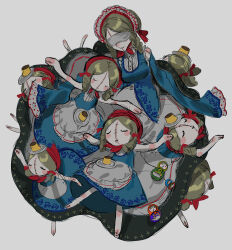  1girl blindfold blue_dress bonnet braid brown_hair doll dress facing_viewer food full_body grey_background grin highres jiz_(pffbq) long_hair long_sleeves matryoshka_doll muted_color original pudding simple_background smile stitched_arm stitched_face stitches twin_braids 