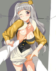 00s 1girl 961_production a1_(initial-g) arm_grab blush breasts clothes_lift grabbing grabbing_another&#039;s_breast hairband huge_breasts idolmaster idolmaster_(classic) idolmaster_1 imminent_rape one_eye_closed scared shijou_takane silver_hair skirt skirt_lift solo_focus sweat wince wink rating:Explicit score:20 user:danbooru